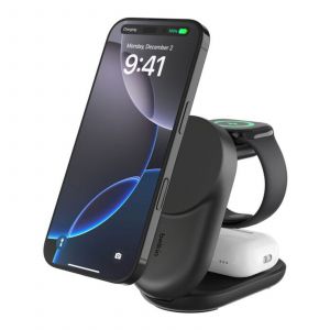 Belkin UltraCharge Socle de Recharge 3-en-1 Aimant&eacute;e et Pliable avec Qi2 (Noir)