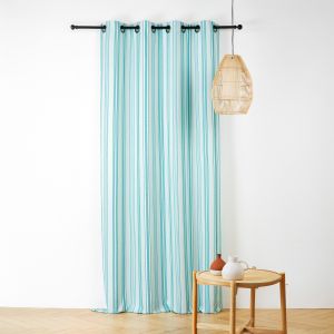 LINDER Rideau Outdoor &agrave; Rayures - tiss&eacute; et Teint en France - Finition Oeillets Canon de Fusil antioxydant - Coloris Bleu Turquoise - Dimensions 140x265cm - 100% Polypropyl&egrave;ne - Collection Plage