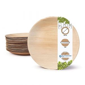 Image de ASSIETTE JETABLE - Assiette rond en feuille de palme - Assiette jetable biod&eacute;gradable et sans plastique - &Oslash; 23cm, 25 pi&egrave;ces