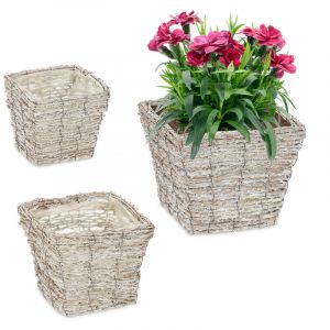 Relaxdays Pot de Fleurs, Lot de 3, rotin, bac avec Film, 3 Tailles, Cache-Pots carrés pour intérieur, Blanc-Nature