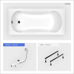Baignoire rectangulaire - 130 x 70 cm - sans Habillage - avec Pieds - Vidage Chrome - ARIA