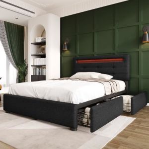 Lit avec LED et 2 tiroirs - tissu en lin - 140x200cm - Gris