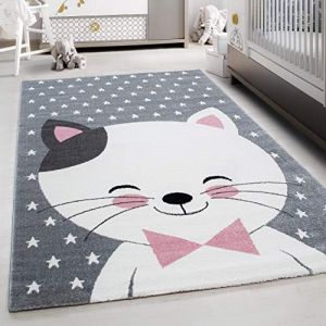 Teppium Tapis pour Chambre d'Enfant et de Bébé Joli motif de chat couleur rose gris et blanc 120x170 cm