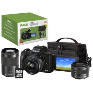 Canon Pack EOS M50 Mark II Noir + EF-M 15-45 mm f/3.5-6.3 IS STM + EF-M 55-200 mm f/4.5-6.3 IS STM Noir + Etui + Carte SD 16 Go