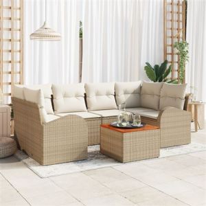 Ensemble de canap&eacute; de jardin 7 pi&egrave;ces avec coussins beige poly rotin acacia