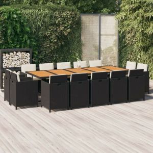 VidaXL Ensemble &agrave; d&icirc;ner de jardin coussins 15 pcs R&eacute;sine tress&eacute;e Noir Noir et marron