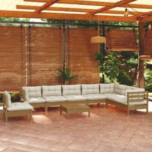 VidaXL Salon de jardin 9 pcs avec coussins Marron miel Bois de pin