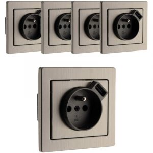 Zenitech Lot de 5 prises 2P+T + USB encastrable Inox Art'Flat