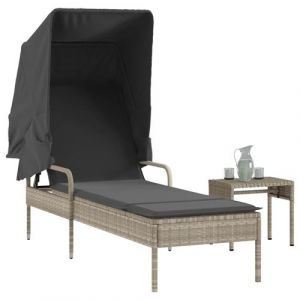 VidaXL Chaise longue avec auvent et table gris clair résine tressée, lit de bronzage, chaise longue inclinable, lit de jour d'extérieur