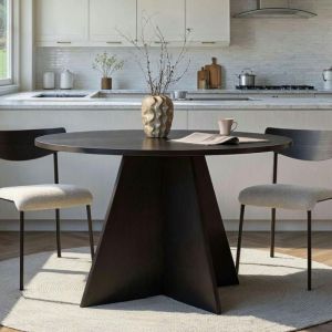 Table &agrave; manger ronde noire effet bois &Oslash;120 cm MARFA
