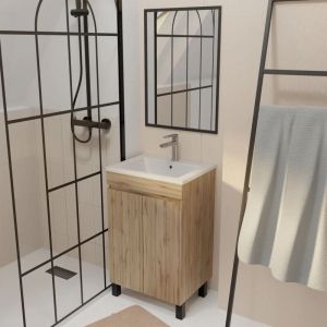 Aurlane Meuble de salle de bains 50 cm décor chêne naturel - vasque blanche et miroir 50x70 avec cadre noir