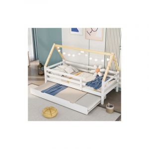 Lit coulissant 200x90 cabane enfant gigogne à roulettes en dessous, bois massif, blanc