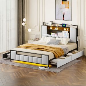 Lit double capitinné, cadre en fer avec LED, prise USB, 4 tiroirs, sommier à lattes et tête de lit rangement, simili cuir, beige 160x200cm