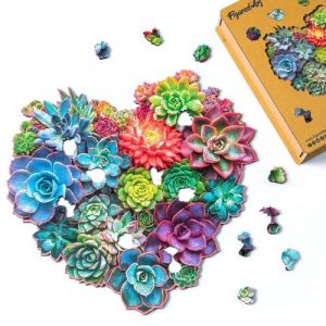 Figured'Art Puzzle en Bois Adulte et Enfant 200 pièces - Cœur de Succulentes - Design Original 29x27,8 cm Forme Unique avec Coffret en Bois Premium, Parfait pour Offrir en Cadeau
