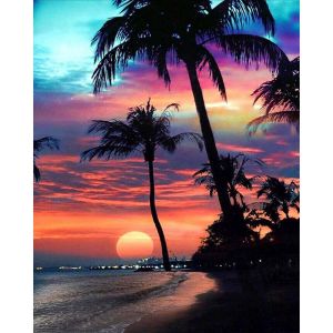 Broderie diamant : Coucher de soleil sur une île paradisiaque - sans chassis en bois