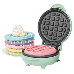 Petra Mini Gaufrier Rond, Machine à Gaufres Électrique Antiadhésif 550W, Plaque de 11.5 cm, Design Compact avec Voyants Lumineux, Gaufrier Vert Pastel, Idéal pour Petit-Déjeuner et Goûter Familial