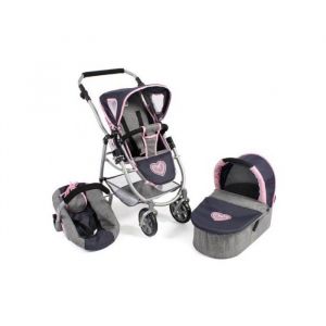 Bayer Chic Combi 3 en 1 : poussette landau cosy pour poupee et poupon - gris bleu coeur rose 67x43x77cm - pliable reglable 55-82 cm
