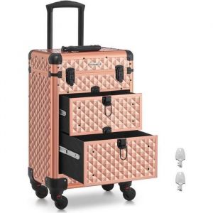 Songmics Valise de maquillage Professionnel, avec 2 Tiroirs, 34 x 24 x 56 cm, Roulette Pivotante à 360°, Doré Champagne