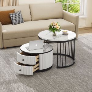Table basse gigogne ronde, 2 tiroirs, placage marbre, table d'appoint de canap&eacute;, MDF, 60&times;60&times;45,5+50&times;50&times;32cm, blanc+noir