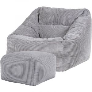 Icon Pouf Fauteuil en Velours Côtelé Morgan et Repose-Pieds - XXL Poufs de Salon - Gris