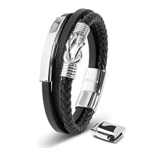 Bracelet Homme en Cuir SERASAR B040-23 Argent Bracelet &eacute;l&eacute;gant avec fermoir magn&eacute;tique cadeau parfait pour mari ou petit ami