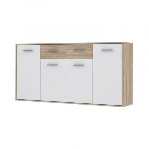 Image de PILVI Buffet bas 4 portes 4 tiroirs Blanc et c ne ma L 162,3 x P 34,2 x H 88,1 cm