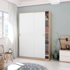 Armoire avec deux portes coulissantes et trois étagères, couleur chêne et blanc mat, Dimensions 120 x 200 x 50 cm