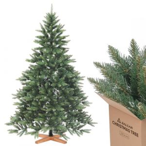 Salcar Sapin de Noël Artificiel Feuillage PVC Vert, Base en Bois, Arbre de Noël Réaliste avec Branches Pointues, Décoration de Noël pour Intérieur et