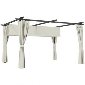 Image de Outsunny Pergola 3 x 4 m toile toit rétractable 4 rideaux ajustables métal noir polyester haute densité 180g/m² crème