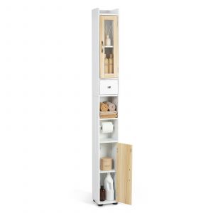 Todeco Meuble de Salle de Bain Etroit, 20 x 20 x 180 cm Meuble de Rangement Haute avec 2 Portes et 1 Tiroir, Etagere REglable, avec Porte vitrEe pour Salon, WC, Cuisine, EntrEe