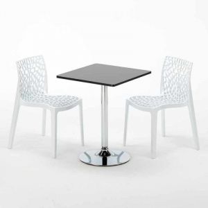 Image de Grand Soleil Table Noir et 2 Chaises Colorées Polypropylene Set Interieur Bar Café MOJITO | Gruvyer Blanc - Noir - Carré