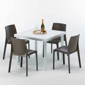 Image de Grand Soleil Table carrée et 4 chaises Poly rotin resine colorées 90x90 blanc | Rome Marron Moka