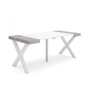 Table console extensible, Console meuble, 180, Pour 8 personnes, Pieds bois massif, Style moderne, Blanc et ciment - Skraut Home