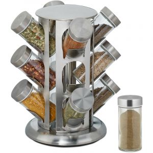 Image de Relaxdays Tourniquet à épices, avec 12 pots, étagère rotative à 360°, inox, verre, HxD 26 x 22 cm, carrousel, argent