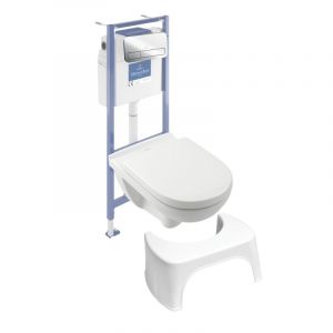 Villeroy & Boch Pack WC sans bride O novo abattant frein de chute + bâti-support sol et mur + plaque Chromé + Tabouret blanc
