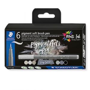 Staedtler Pigment Art - Pigment soft brush 372 - Etui carton 6 feutres pointe pinceau souple gris & noir assortis - 372 C6