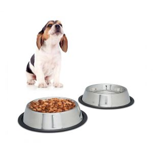 Relaxdays Set 2x Gamelles Chiens Écuelles Eau Bol Croquette & Pâtée Antidérapant Inox Antirouille Taille M Argenté