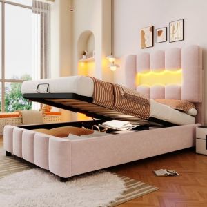 Lit coffre capitonné 90 x 200 cm - avec éclairage LED - tête de lit réglable - velours - rose (matelas non inclus)