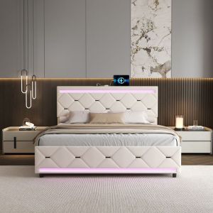 Lit Double 140x190 cm - Velours Blanc - 4 Tiroirs - Bandes LED RGB - Ports USB/Type-C