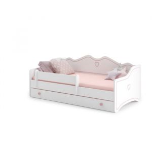 Lit enfant Emma blanc avec tiroir, barrière, matelas et sommier, 180x80 160x80 140x70, pour chambre d'enfant