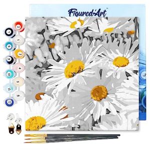 Figured'Art Mini Peinture par Numéro Adulte 20x20cm avec cadre Jolies Marguerites - Petit Format Kit de Loisir Créatif DIY Numéro d'Art Complet