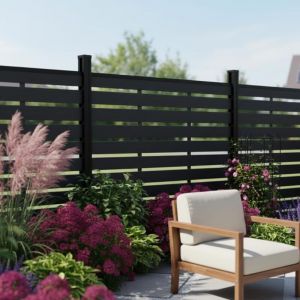 Brise-vue occultant WPC Capri, 180 x 180 cm, Noir, 14 panneaux, &eacute;paisseur 21 mm, Poteaux en aluminium 68 mm