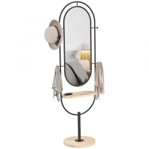 Homcom Miroir sur pied ovale plateau en bois 4 crochets cadre en métal noir