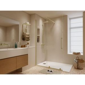 Paroi de douche &agrave; l'italienne avec porte coulissante en m&eacute;tal style industriel - Dor&eacute; - 120 x 200 cm - YOREM