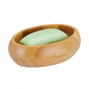 Image de Relaxdays Porte-savon, bambou, avec drain, résistant à l’humidité, ovale, HxLxP : 4,5 x 14 x 10 cm, nature