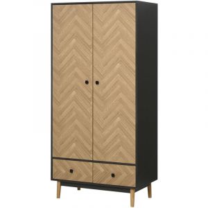 Homcom Armoire 2 portes 2 tiroirs design - 2 barres penderie, 2 niches - façades motif chevrons- gris foncé aspect bois clair