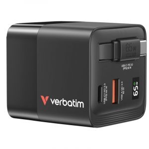 Verbatim Adaptateur de charge, GaN, 65 W, r&eacute;tractable, noir, 1 x USB-A QC, 2 x USB-C PD, vente au d&eacute;tail