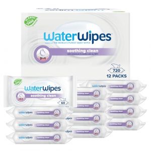 WaterWipes Soothing Clean Baby Wipes, 720 unités (12 paquets), 99% d'eau avec extraits botaniques, 3-en-1 nettoie, soigne, apaise, non parfumées, emballage pouvant varier