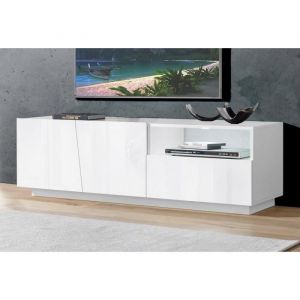 Image de Meuble tv Dlandon, Buffet bas de salon avec 2 portes, base meuble tv, 100% Made in Italy, 150x43h46 cm, Blanc brillant - Dmora