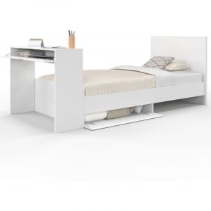 Idmarket Lit simple omaha 90 x 190 cm avec sommier, tête de lit, bureau et rangements blanc